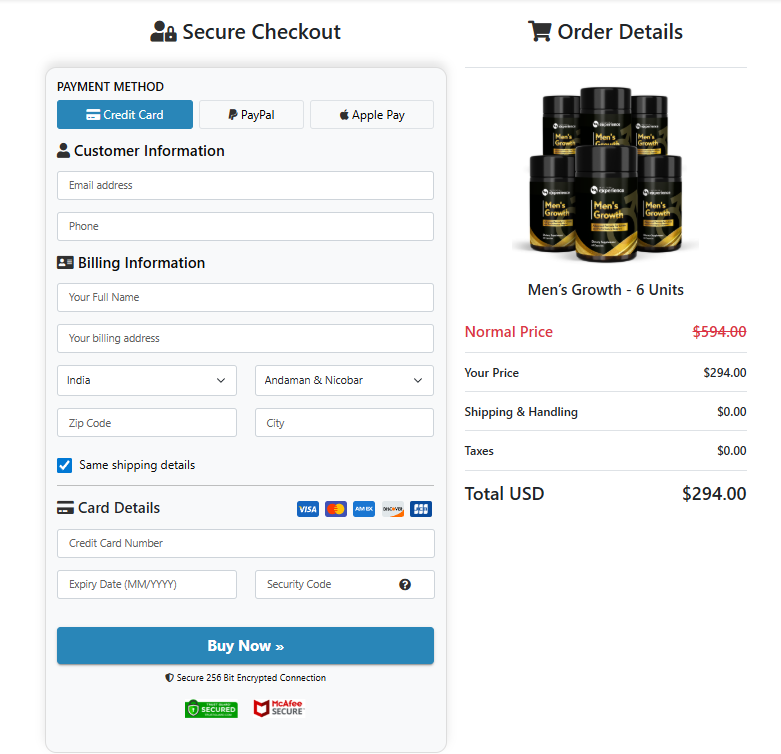 Men’s Growth secure checkout page